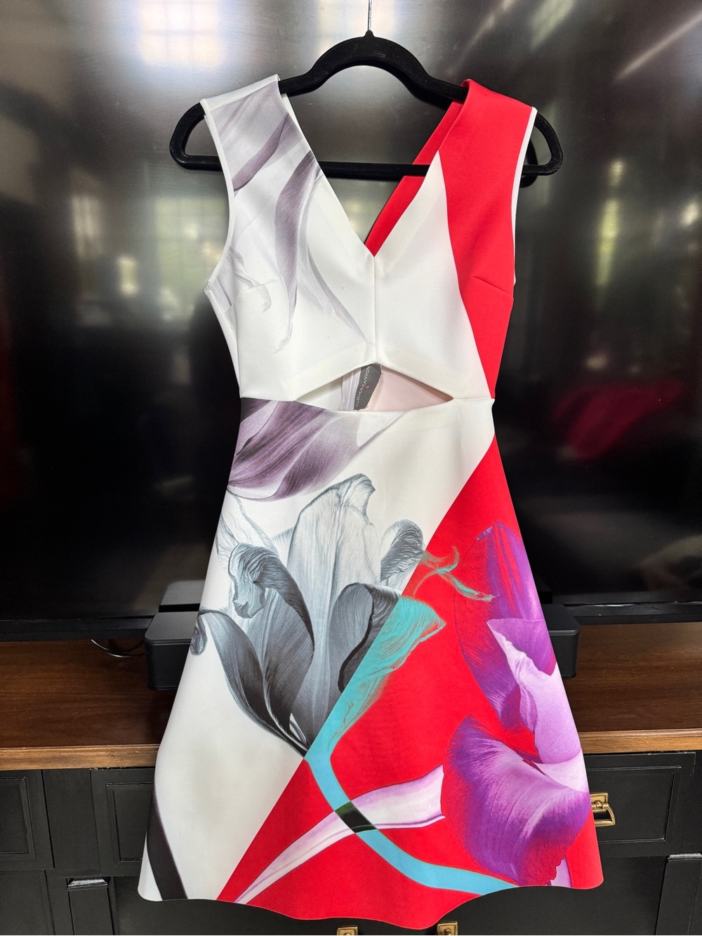 Clover Canyon White, Red & Purple Floral Colorblock V-Neck Mini Dress